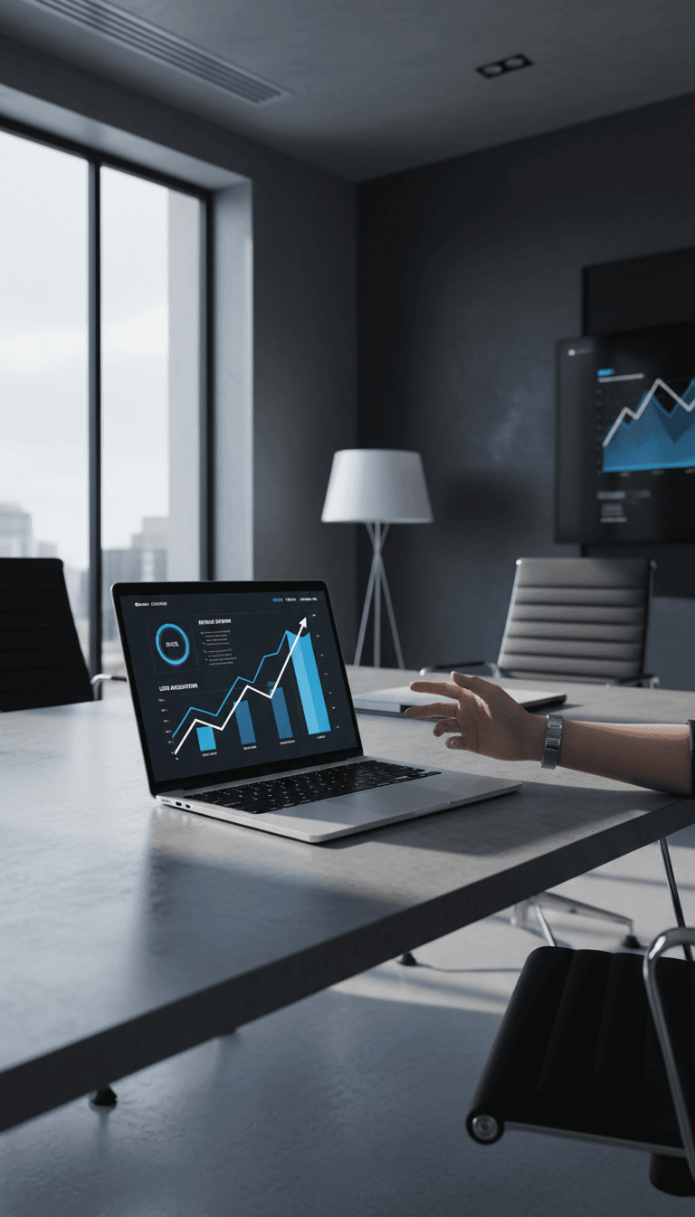 Digital marketing dashboard and growth analytics displayed on laptop screen in modern agency workspace