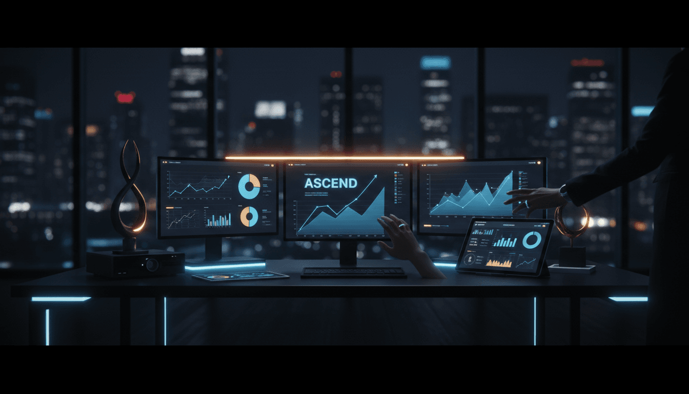 Modern digital marketing workspace with analytics displays and growth charts