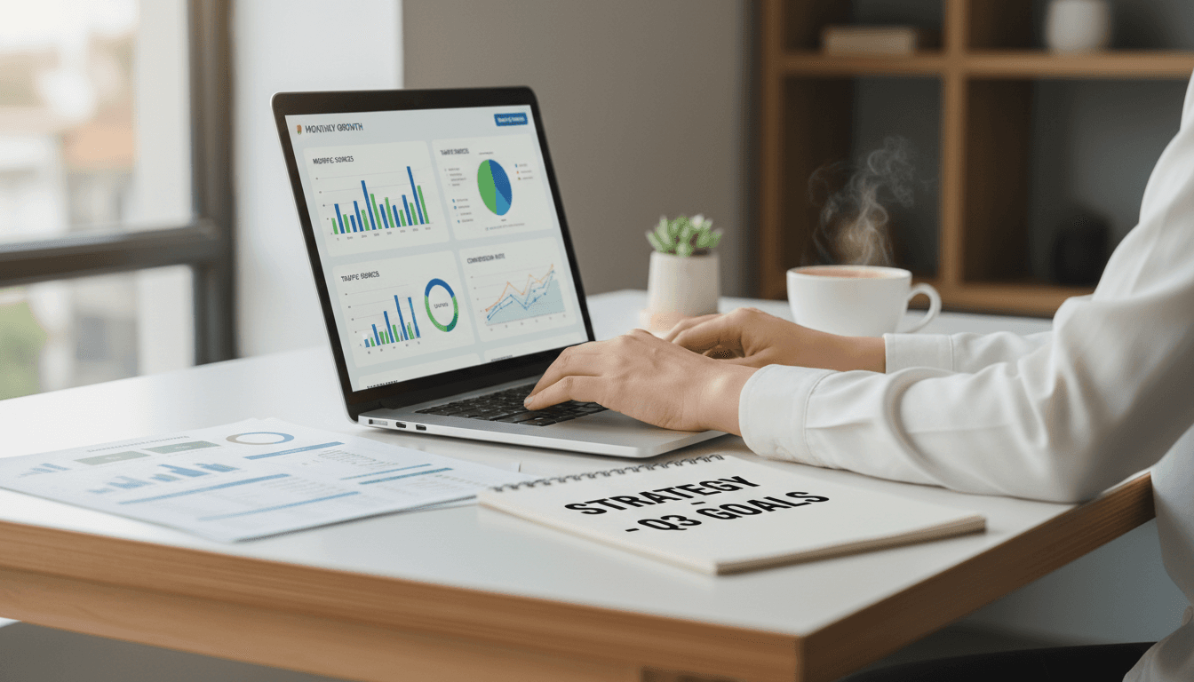 Modern digital marketing workspace with analytics dashboard and professional setup