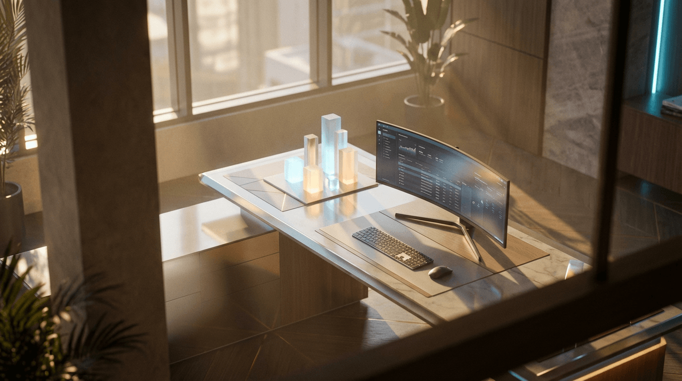Professional digital marketing workspace with multiple monitors displaying analytics and performance data